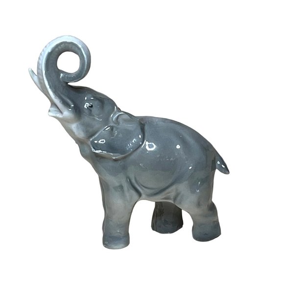 Vintage Germany Porcelain Gray Elephant Figurine Trunk Up - Picture 1 of 7
